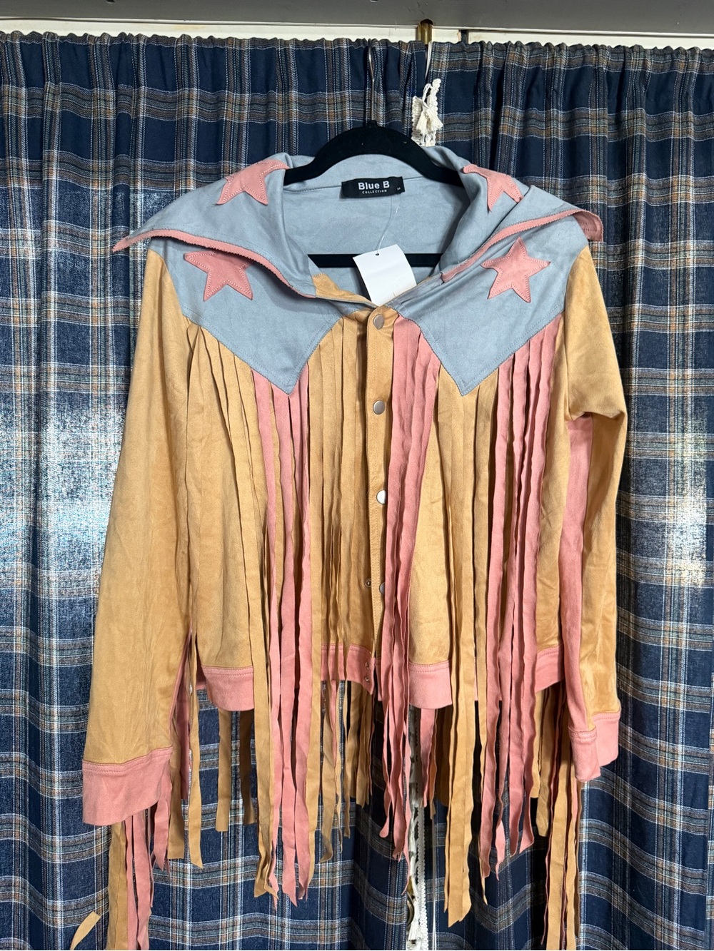 Blue B Collection Colorblock Fringe Jacket - Tan, Pink & Light Blue